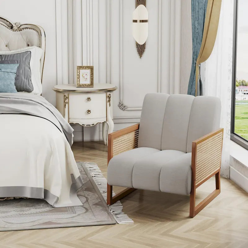 Poltroncine in Rattan, Sedia in Rattan Naturale Imbottita Poltrona in Lino Mid-Century Modern Side Chair per Soggiorno Camera da Letto