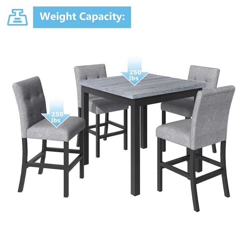 Set da pranzo da 5 pezzi ad altezza bancone, set tavolo da pranzo in legno con tavolo rettangolare e 4 sedie imbottite con schienale alto