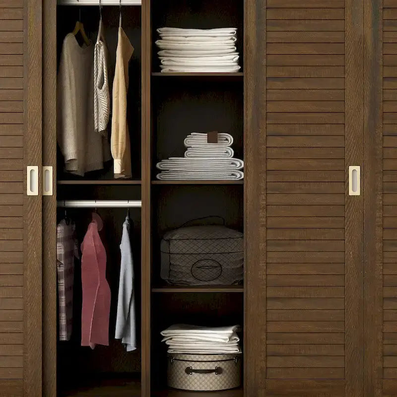 Brown Wardrobe Armoire with Drawers, Hanging Rod 4 Sliding Doors
