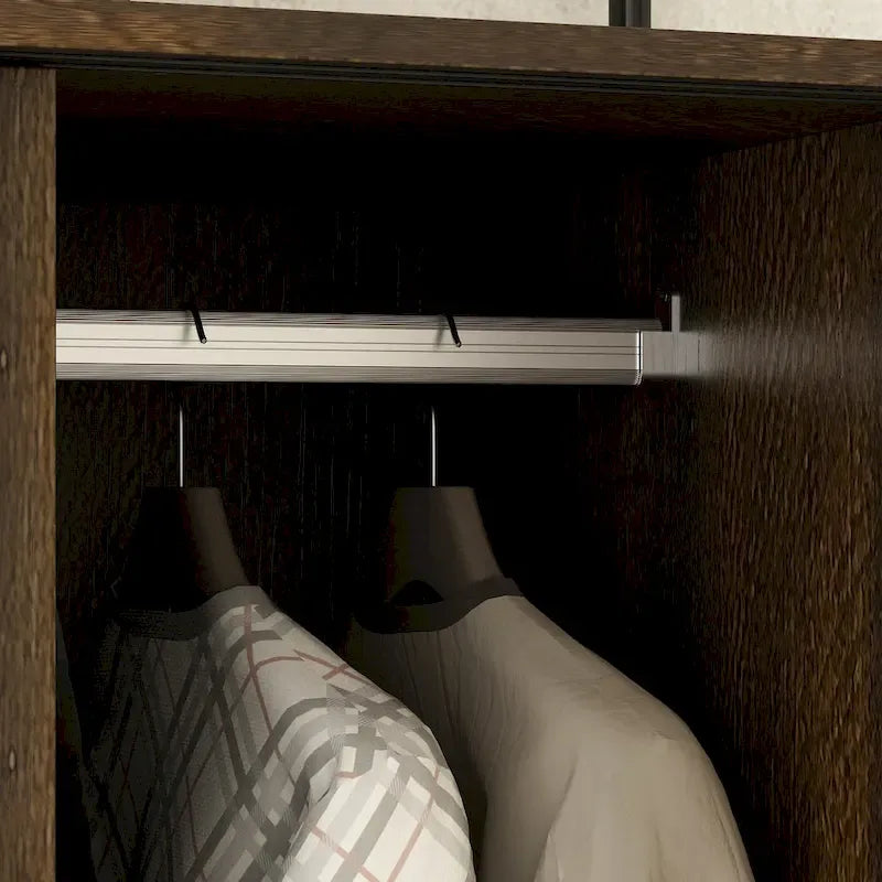 Brown Wardrobe Armoire with Drawers, Hanging Rod 4 Sliding Doors