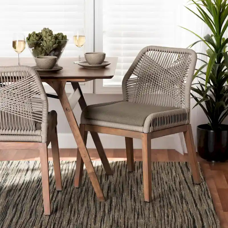 Sedia da pranzo in mogano in stile transizionale moderno con corda intrecciata - Grigio