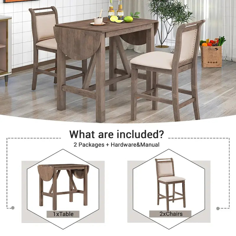 Set da 3 Pezzi Tavolo da Pranzo a Foglia Cadente a Altezza Bancone in Legno
