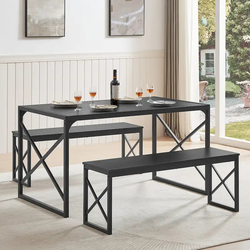 VECELO Tavolo da Pranzo 3 Pezzi con Panca, Set Tavolo da Pranzo per 4-6 Posti, Tavolo da Cucina con 2 Panche, Set Tavolo da Pranzo