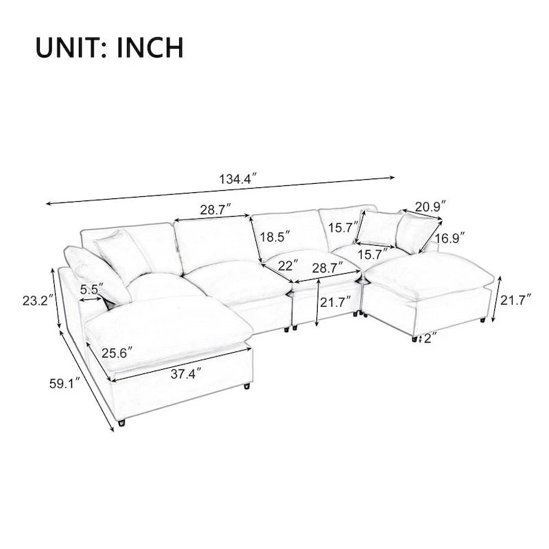 Divano componibile moderno a U, 2 grandi chaise longue con pouf rimovibili