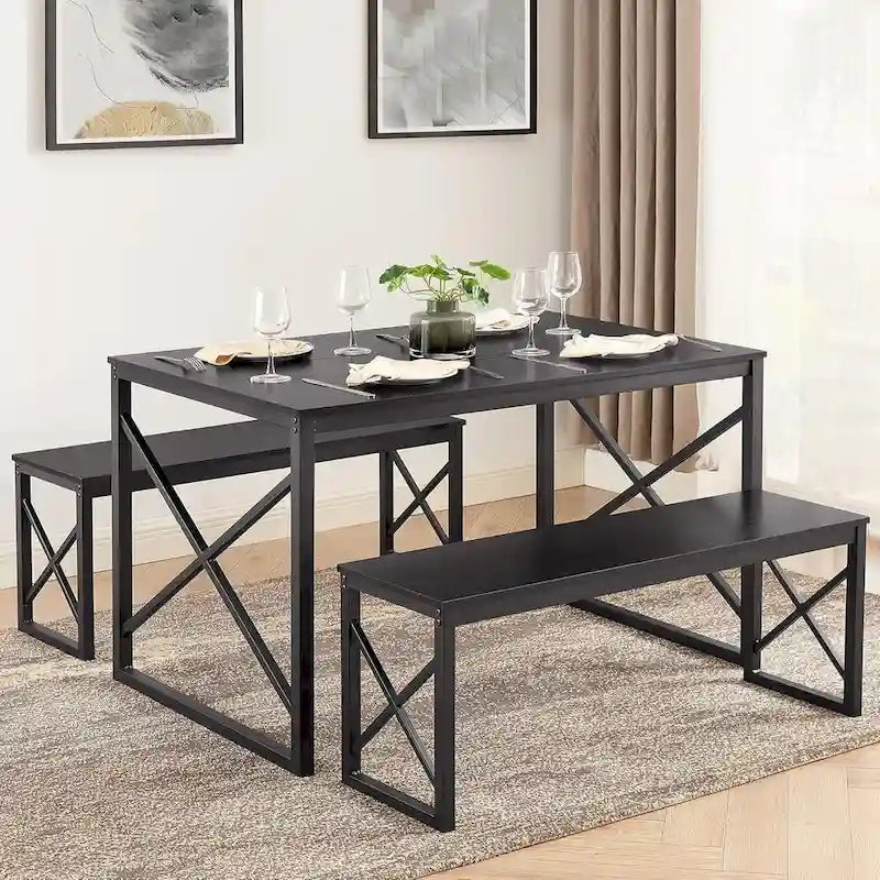 VECELO Tavolo da Pranzo 3 Pezzi con Panca, Set Tavolo da Pranzo per 4-6 Posti, Tavolo da Cucina con 2 Panche, Set Tavolo da Pranzo