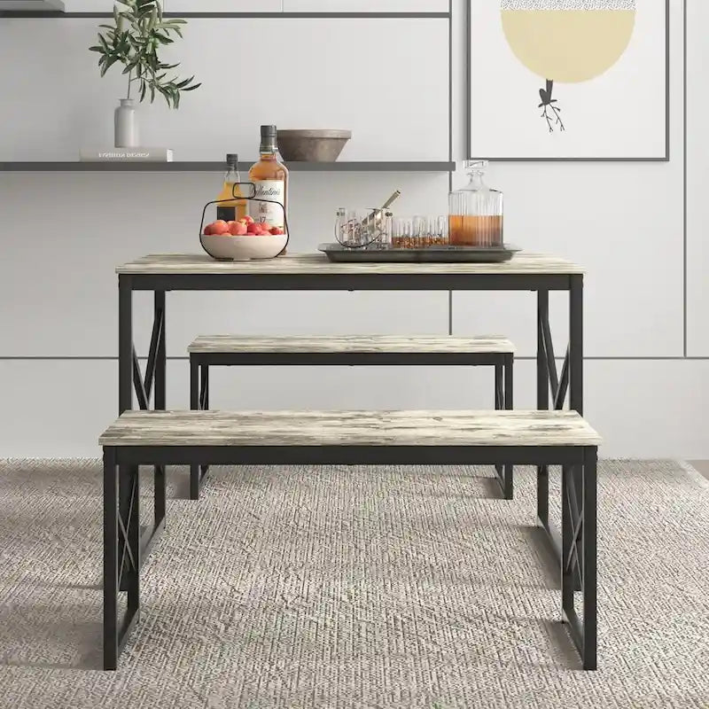 VECELO Tavolo da Pranzo 3 Pezzi con Panca, Set Tavolo da Pranzo per 4-6 Posti, Tavolo da Cucina con 2 Panche, Set Tavolo da Pranzo