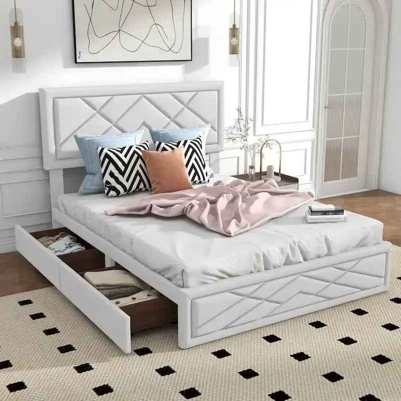 Letto matrimoniale Queen size con piattaforma, testiera e contenitore