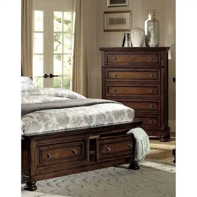 Set Camera Matrimoniale 5pz Classico Finitura Ciliegio Scuro Letto Contenitore con Pedana