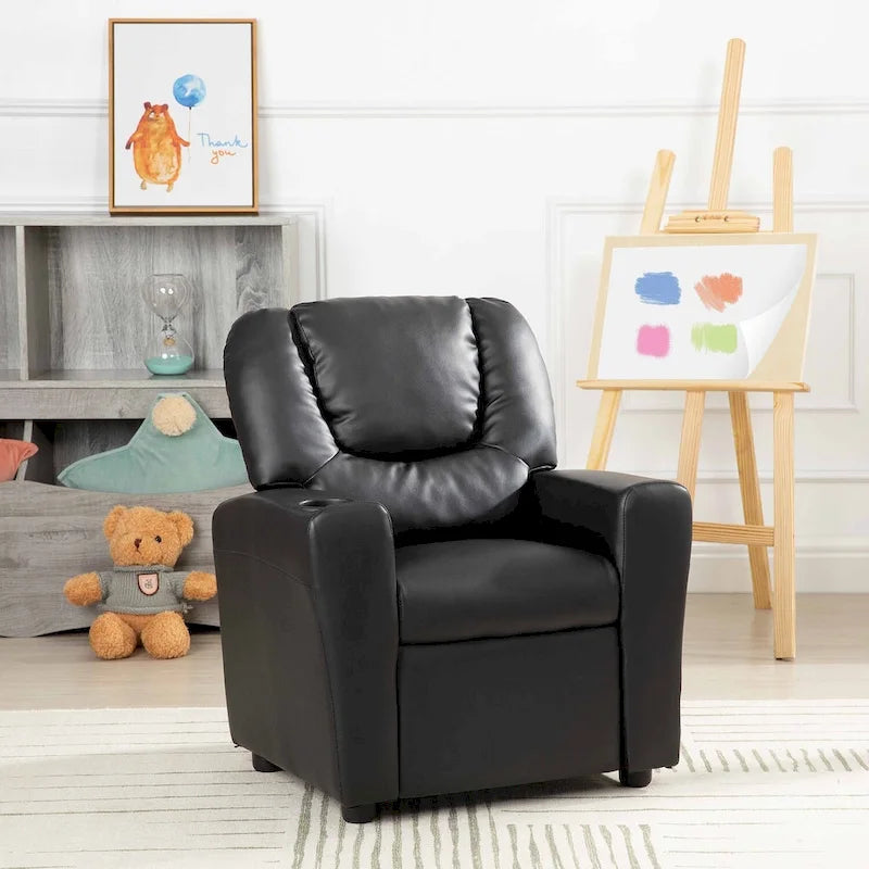 Poltrona Reclinabile per Bambini in PVC con Funzione Reclinabile a Spinta, Portabicchieri e Comodo Poggiapiedi