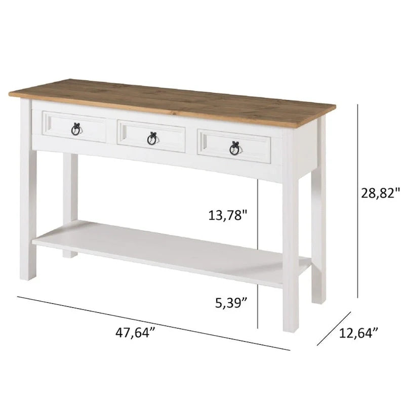 Tavolo Consolle Rustico in Pino Massiccio per Ingresso, Bianco Decapato / Marrone Antico / Grigio Decapato / Non Verniciato, 3 Cassetti