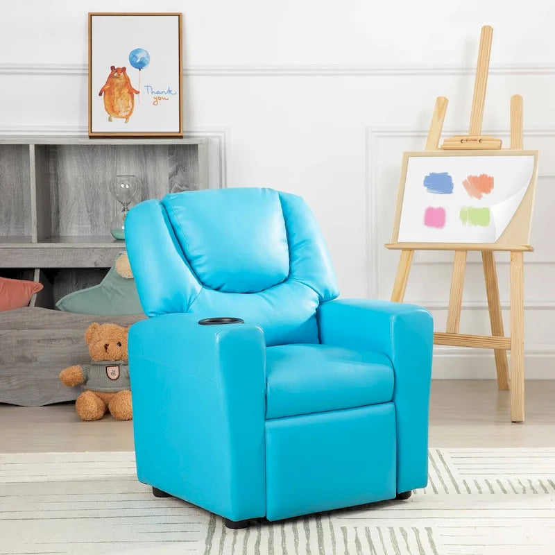 Poltrona Reclinabile per Bambini in PVC con Funzione Reclinabile a Spinta, Portabicchieri e Comodo Poggiapiedi