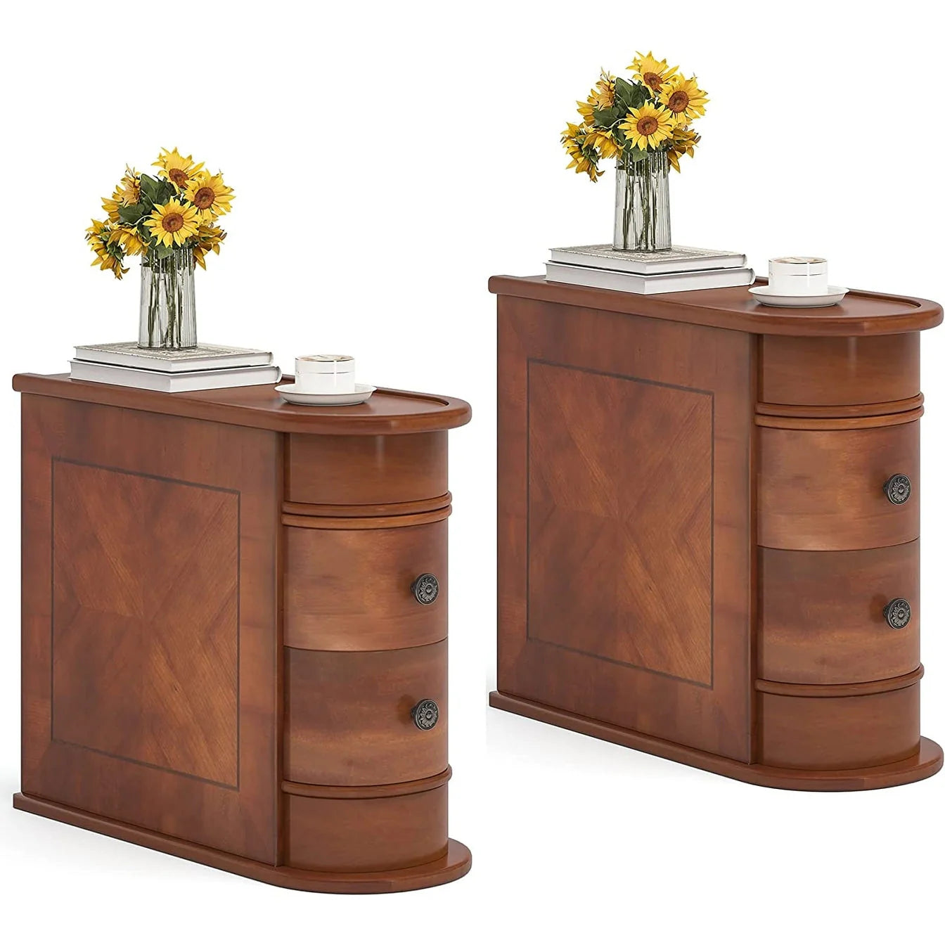 Solid Wood Chairside End Table, Two-Drawer Narrow Side Table Slim