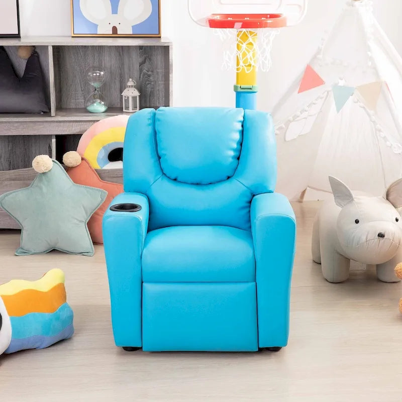 Poltrona Reclinabile per Bambini in PVC con Funzione Reclinabile a Spinta, Portabicchieri e Comodo Poggiapiedi