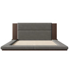 Letto imbottito King Gray Floor a basso profilo con testiera estesa in legno, mensole comodino integrate