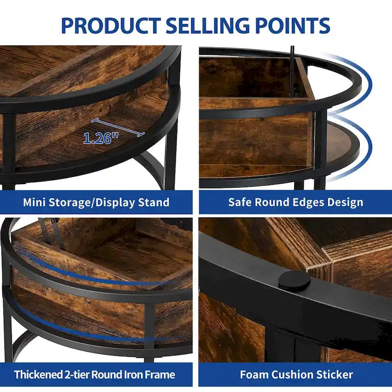 Moasis Farmhouse Lift Top Round Coffee Table with Hidden Storage and Shelf