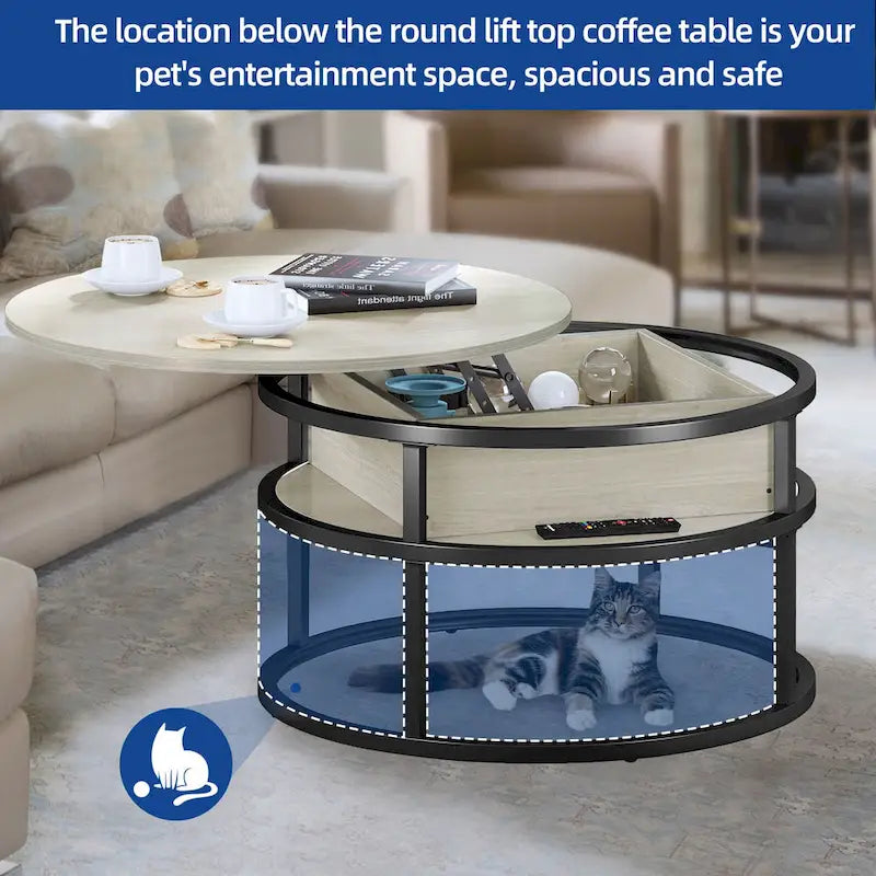Moasis Farmhouse Lift Top Round Coffee Table with Hidden Storage and Shelf