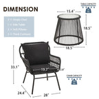 Set da Bistrot da Esterno in Rattan da 3 Pezzi, Set di Mobili da Giardino con Tavolo in Vetro e 2 Ampie Poltrone, Cuscini Inclusi