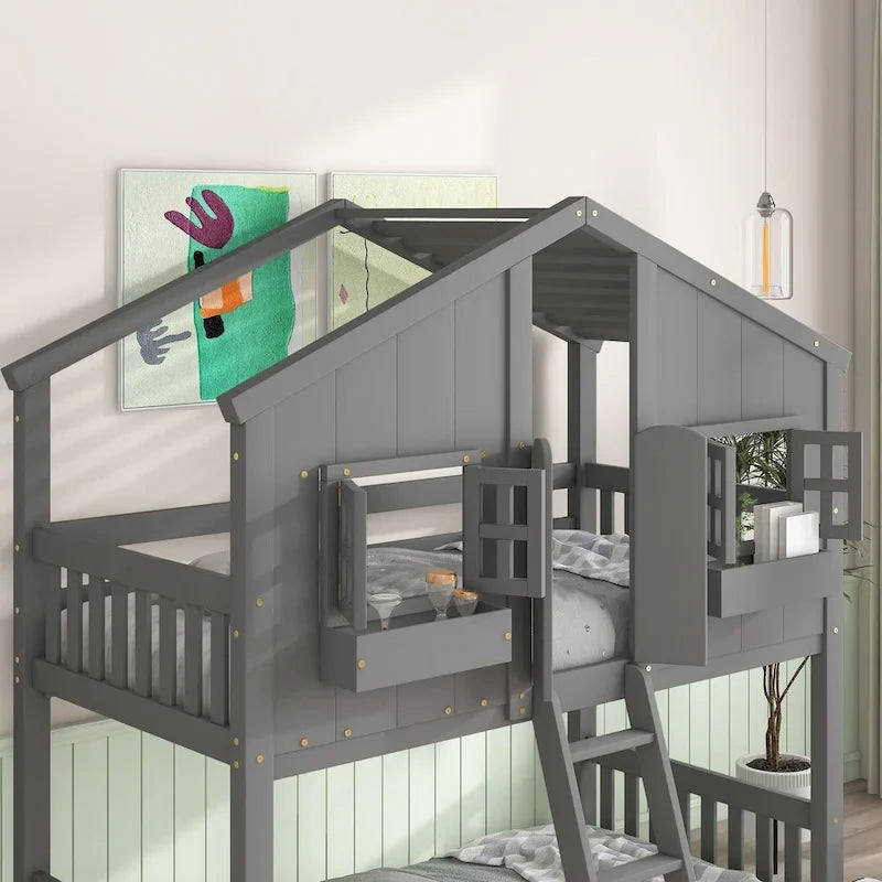 Letto a castello a casetta singolo su singolo con tetto, finestra, fioriera, porta, con sponde di sicurezza e scaletta, Grigio