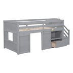 LETTO SINGOLO, LETTO A CASTELLO BASSO SINGOLO IN LEGNO MASSELLO CON SCALA, CASSETTO E SCAFFALE DI COLORE GRIGIO