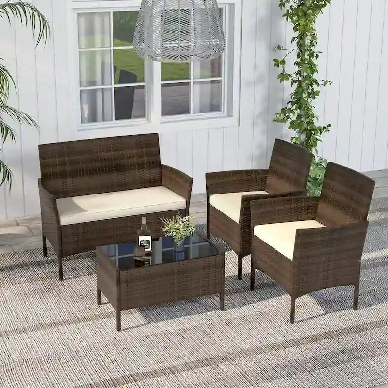 Costway Set di 4 Mobili da Giardino con Cuscini Lavabili e Vetro Temperato - Vedi Dettagli