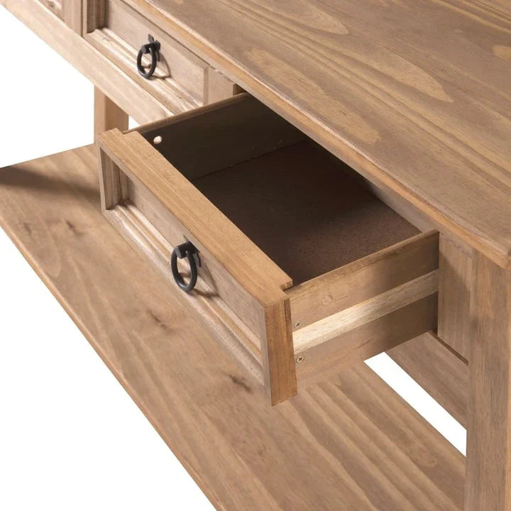 Tavolo Consolle Rustico in Pino Massiccio per Ingresso, Bianco Decapato / Marrone Antico / Grigio Decapato / Non Verniciato, 3 Cassetti