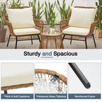 Set da Bistrot da Esterno in Rattan da 3 Pezzi, Set di Mobili da Giardino con Tavolo in Vetro e 2 Ampie Poltrone, Cuscini Inclusi