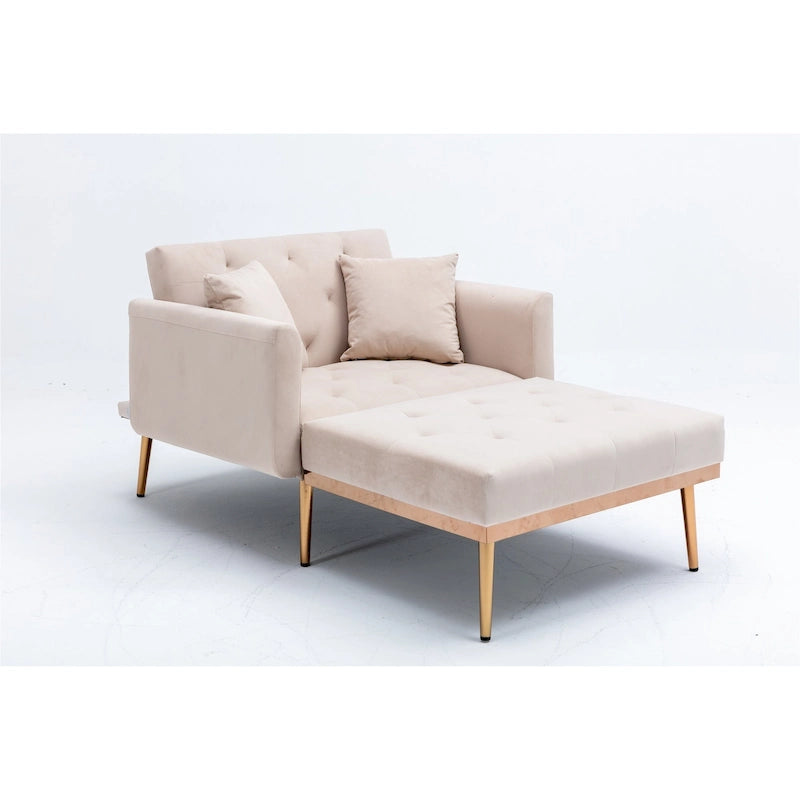 Divano letto-poltrona in velluto trapuntato con piedini color oro rosa per salotto
