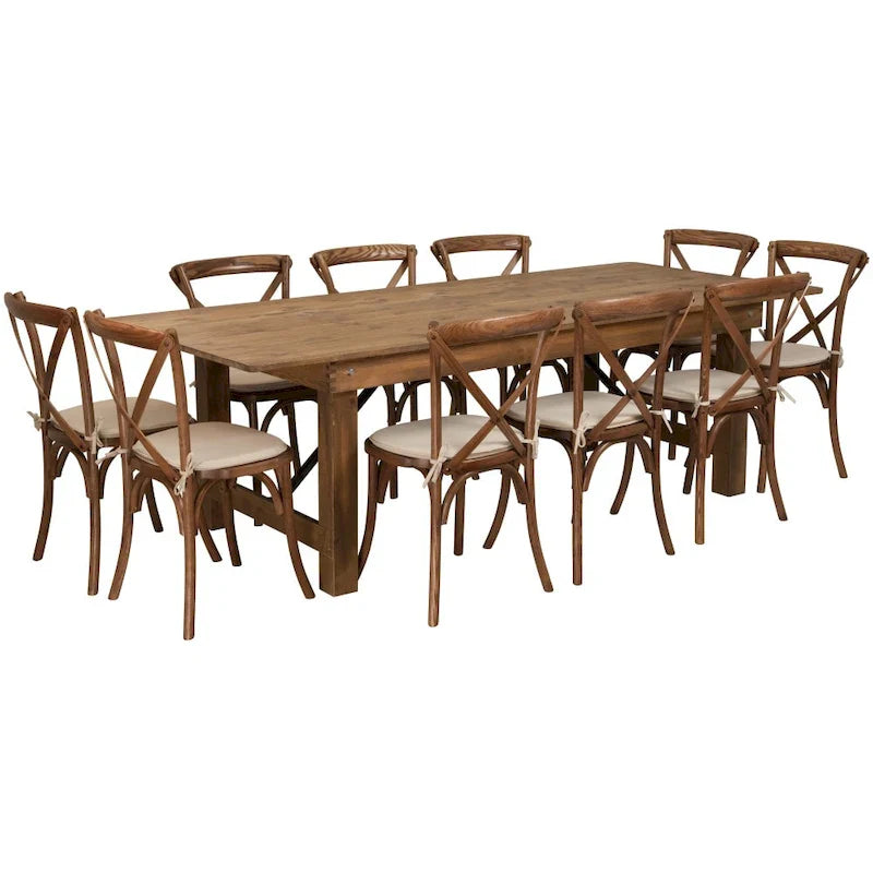 Tavolo Pieghevole Rustico da Fattoria 2,4 m x 1,2 m con 10 Sedie Cross Back e Cuscini