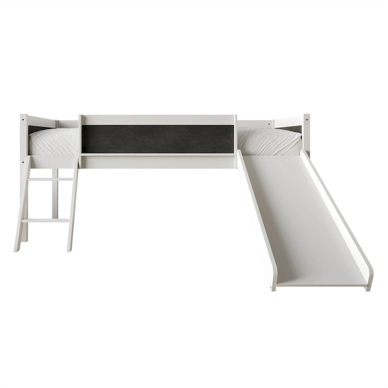 Letto a soppalco basso classico singolo CraftPorch con lavagna, scivolo e scaletta