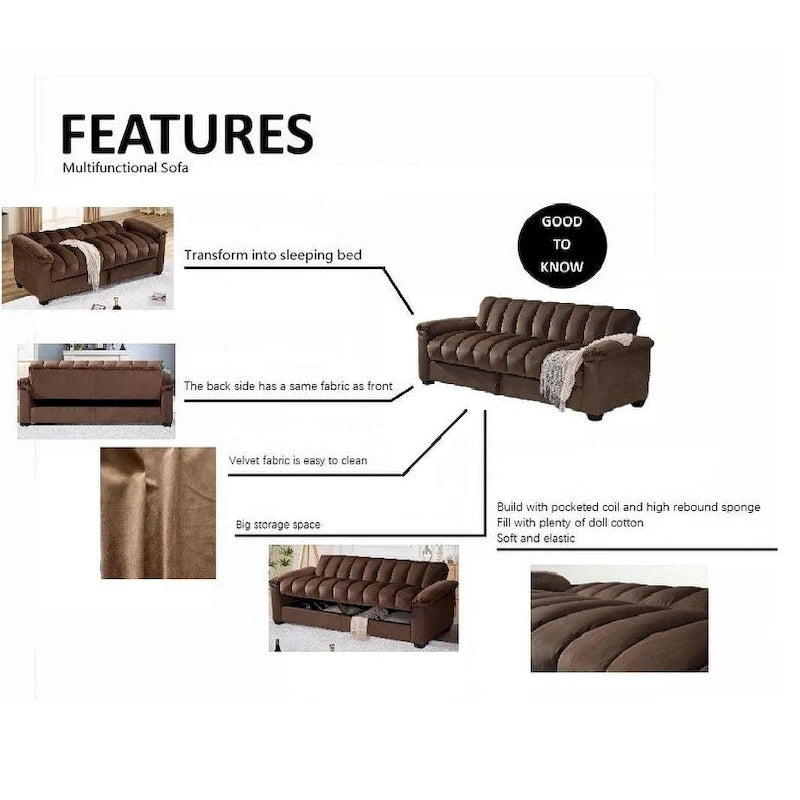 82.7 Velvet Storage Convertible Sofa Sleeper Couch with 2 Pillows