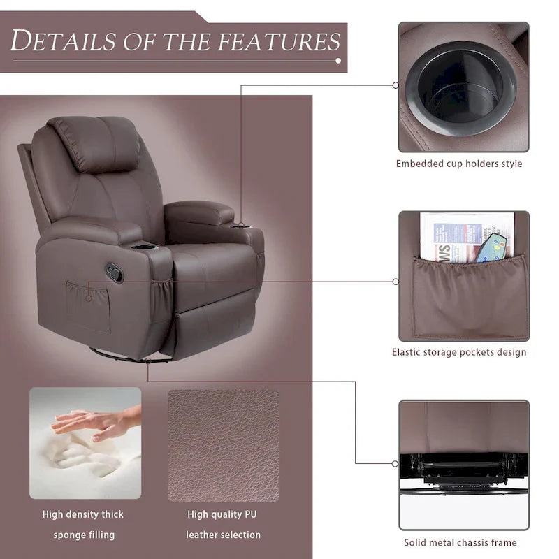 Massage Recliner Chair Swivel Heating Faux Leather Living Room Chair