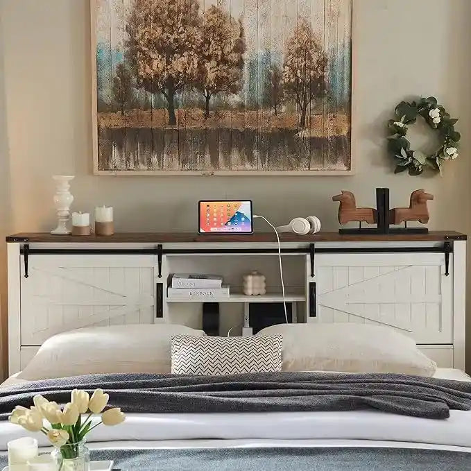 Struttura Letto Matrimoniale Queen Size Stile Rustico con Ripiani Contenitori e Stazione di Ricarica