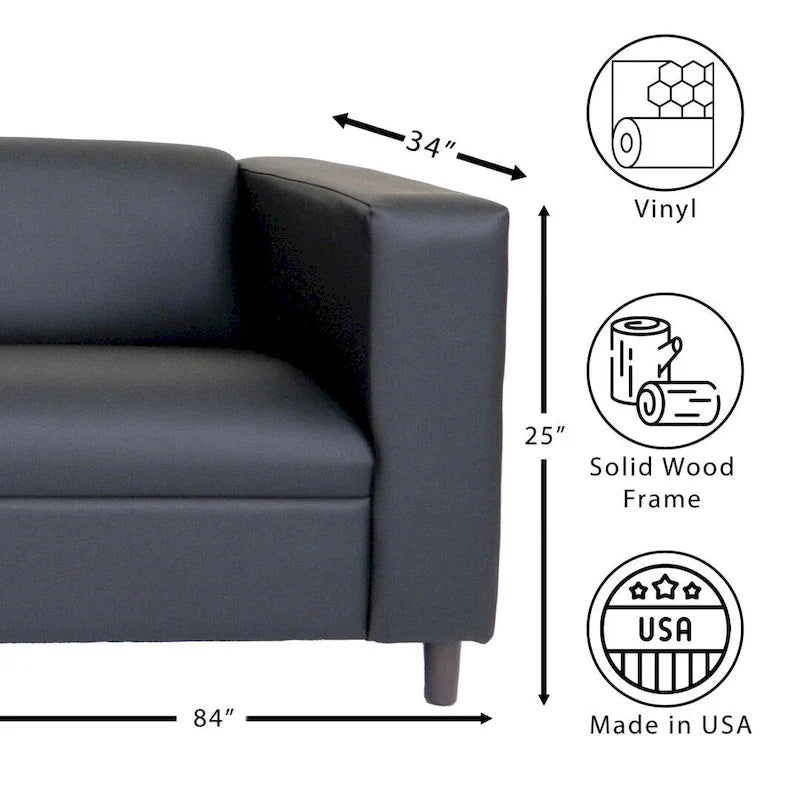 Coast to Coast Sofas Mid Century Modern 3 Seater Sofa Faux Leather Solid Wood Frame Upholstered
