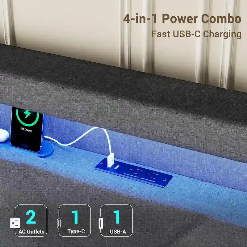 Struttura letto con luci LED per testiera e stazione di ricarica USB-C/A, 4 cassetti