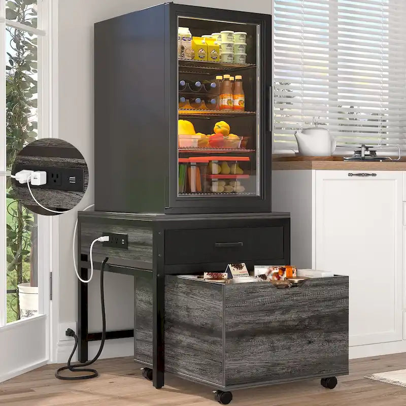 Mini Frigo con Stazione di Ricarica, Tavolino Laterale con Cassetti e Mobiletto su Ruote