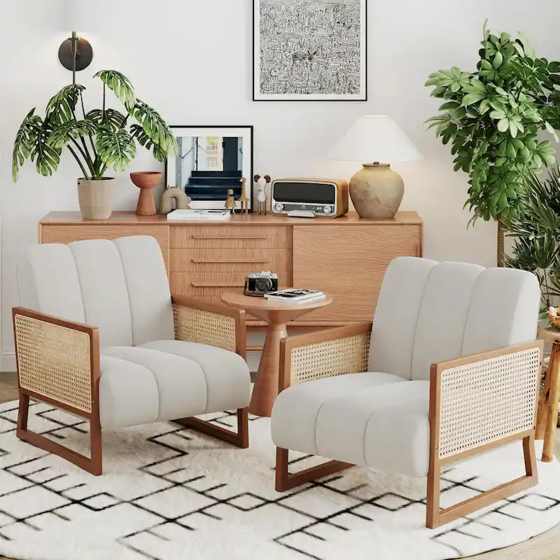 Poltroncine in Rattan, Sedia in Rattan Naturale Imbottita Poltrona in Lino Mid-Century Modern Side Chair per Soggiorno Camera da Letto