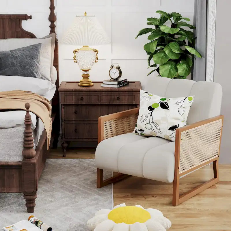 Poltroncine in Rattan, Sedia in Rattan Naturale Imbottita Poltrona in Lino Mid-Century Modern Side Chair per Soggiorno Camera da Letto