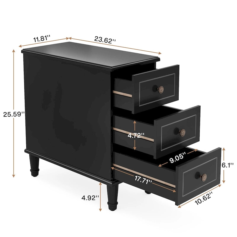 Fully Assembled Narrow End Table, Solid Wood Side Table with 3 Drawers, Vintage Nightstand Slim Bedside Table for Small Spaces
