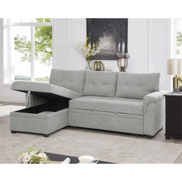 Divano componibile convertibile reversibile con letto estraibile, chaise longue con contenitore nascosto e gambe durevoli