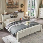 Struttura Letto Matrimoniale Queen Size Stile Rustico con Ripiani Contenitori e Stazione di Ricarica