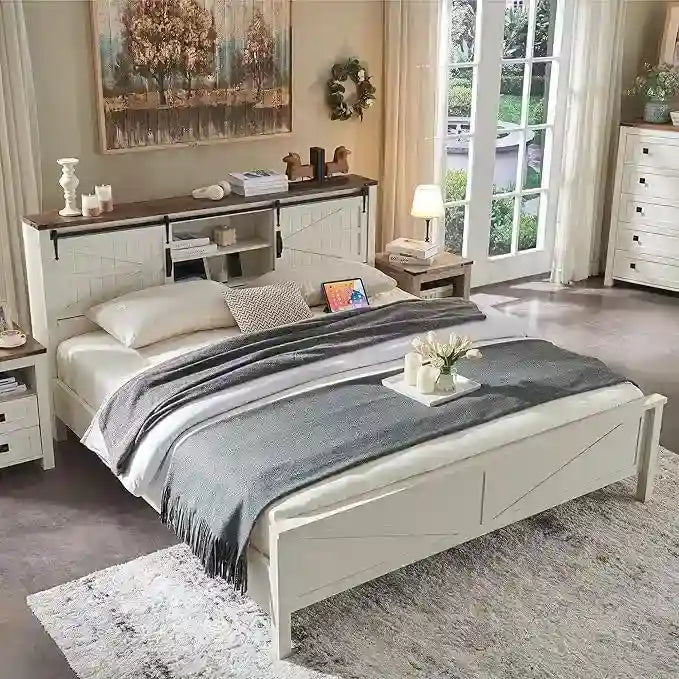 Struttura Letto Matrimoniale Queen Size Stile Rustico con Ripiani Contenitori e Stazione di Ricarica