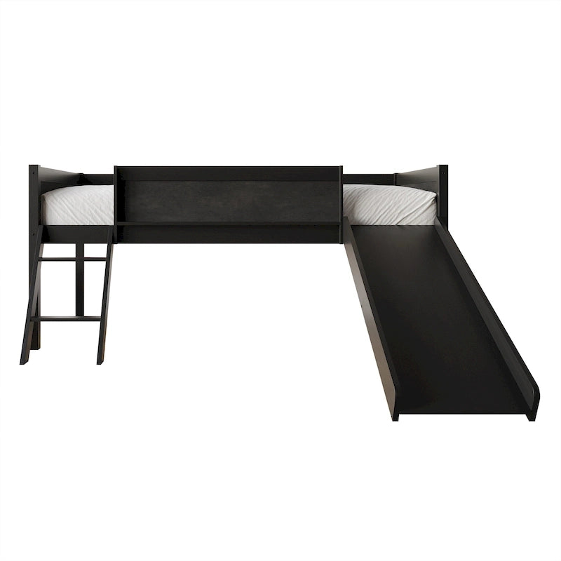 Letto a soppalco basso classico singolo CraftPorch con lavagna, scivolo e scaletta