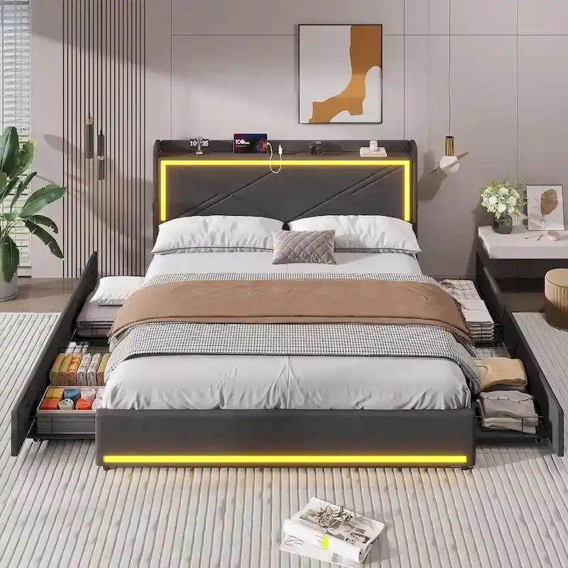 Struttura letto con luci LED per testiera e stazione di ricarica USB-C/A, 4 cassetti