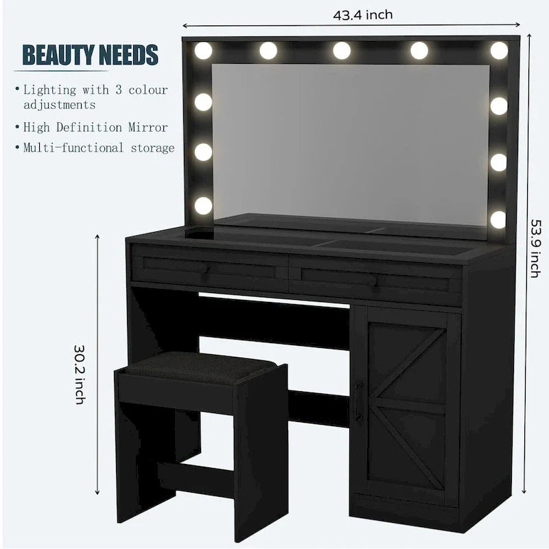 Roomfitters Toilette da Trucco Rustica con Luci, Scrivania con Specchio Illuminato e Anta a Scorrimento, Tavolo da Trucco con 2 Cassetti