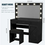 Roomfitters Toilette da Trucco Rustica con Luci, Scrivania con Specchio Illuminato e Anta a Scorrimento, Tavolo da Trucco con 2 Cassetti