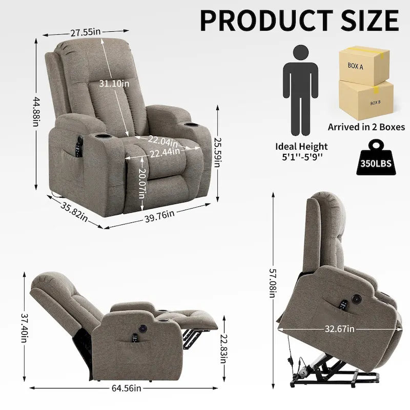 Poltrona reclinabile elettrica Lazy Boy Power Lift, moderna poltrona massaggiante a motore singolo con riscaldamento lombare, porta di ricarica USB, portabicchieri