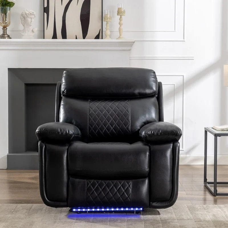 Power Reclining Sofa with Wireless Charger,Reading Light,LED Light for Living Room,Faux Leather,AC/USB Port,Cup Holder,Black
