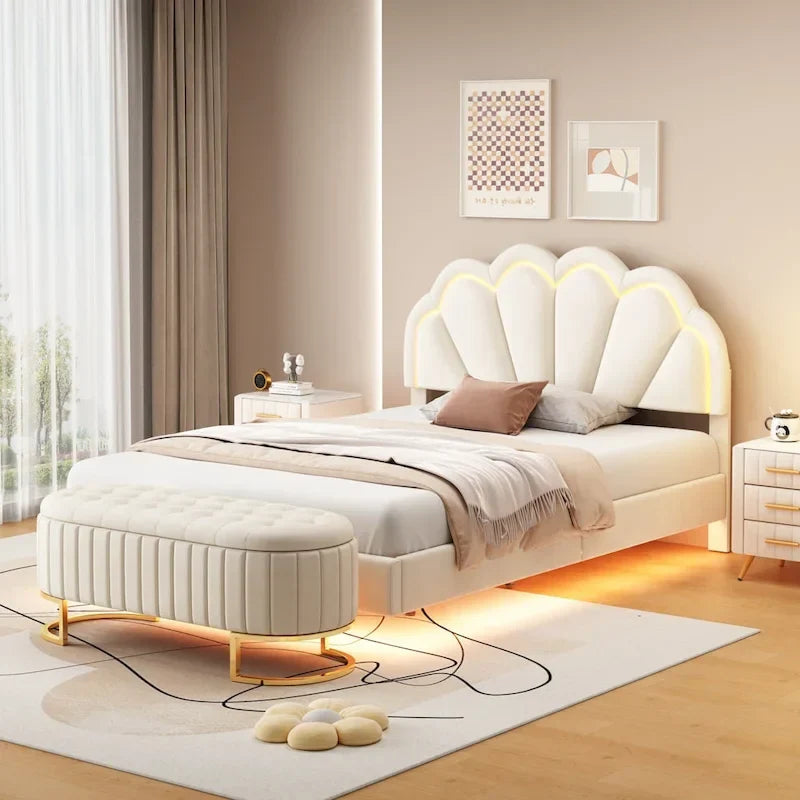 Comodino a 2 Pezzi Letto a Piattaforma Matrimoniale a LED con Pouf Contenitore