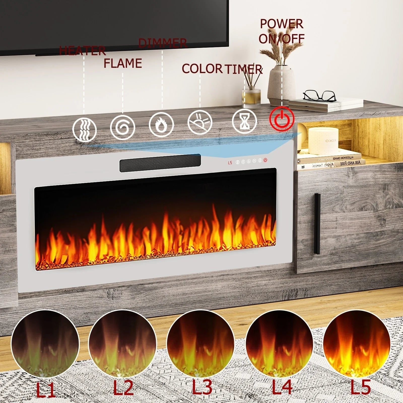 Mobile TV Bossin 70" con caminetto elettrico 36", Mobile TV per televisori fino a 80", 16 colori LED/Centro di intrattenimento