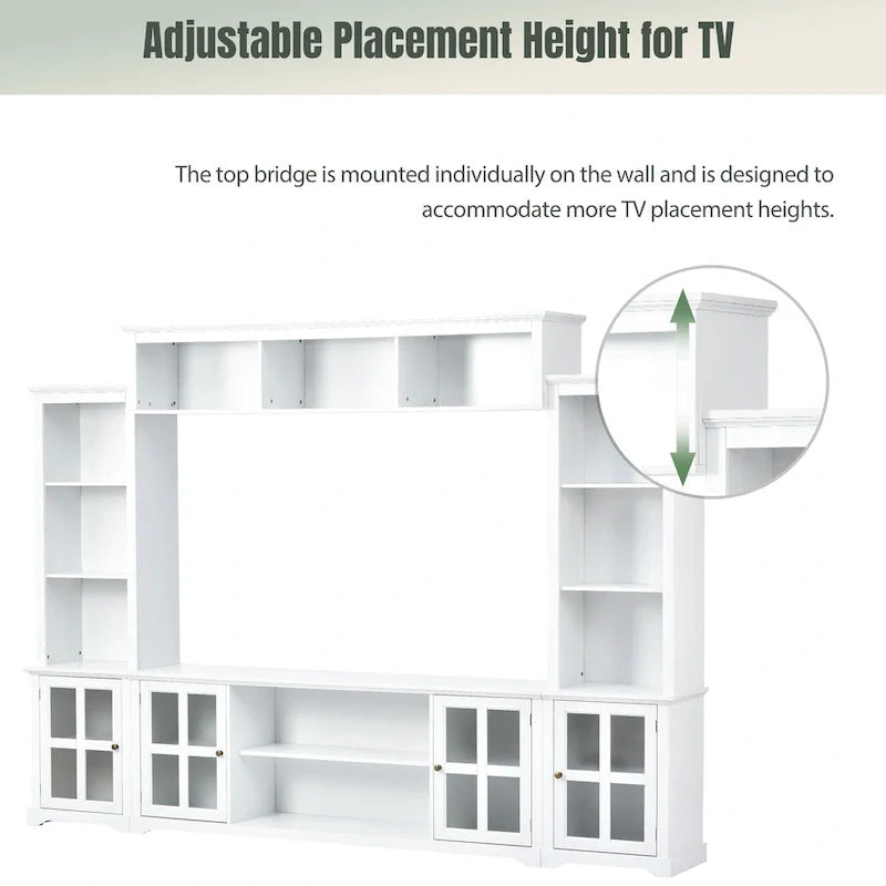 Entertainment Wall Unit with Bridge, Tempered Glass Doors for TVs Up to 70